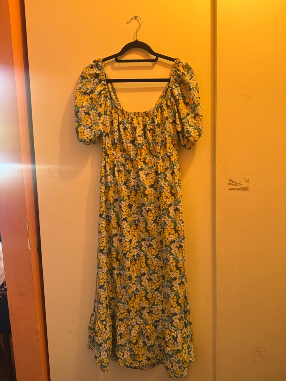 Yellow Floral Puff-Sleeve Maxi Dress with Gathered Neckline